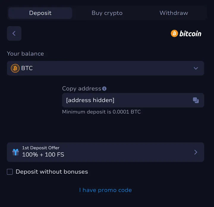 7Bit Bitcoin deposit screen with a 0.0001 BTC minimum and a Deposit without bonuses box