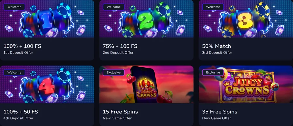 7Bit crypto casino bonus tiles: four welcome deposit offers and two free spin offers