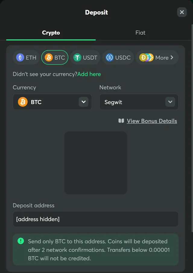BC.Game Bitcoin deposit screen on the Segwit network with the 0.00001 BTC minimum note