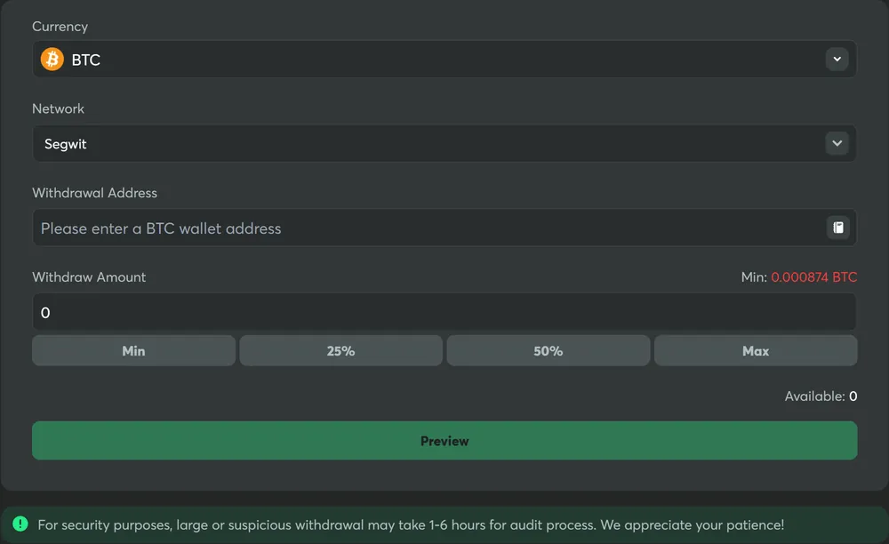 BC.Game Bitcoin withdraw screen showing a minimum of 0.000874 BTC