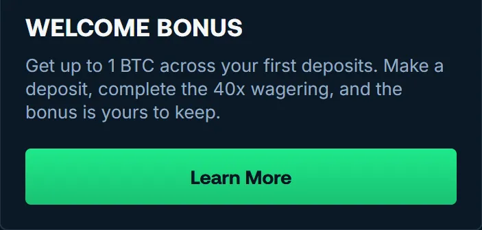 Betpanda welcome bonus tile: up to 1 BTC after 40x wagering