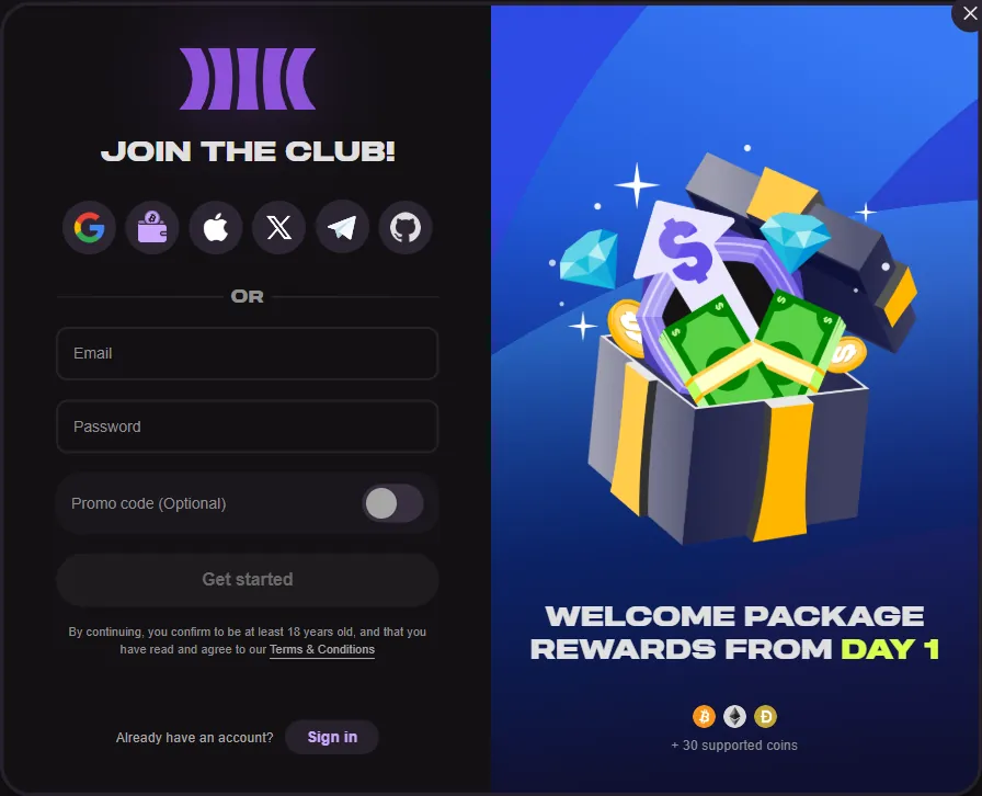Cloudbet sign-up form with social logins, email and password fields and the 18+ confirmation