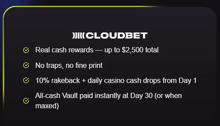 Cloudbet welcome page card: real cash rewards up to $2,500, 10% crypto casino rakeback and daily casino cash drops from day 1