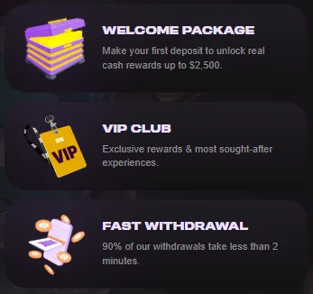 Cloudbet lobby cards, one reading: fast withdrawal, 90% of our withdrawals take less than 2 minutes