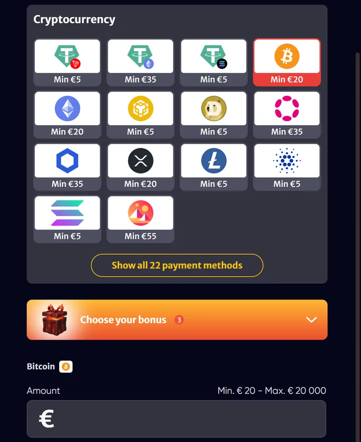 HellSpin cashier crypto section with per-coin minimums and the Bitcoin deposit range of 20 to 20,000 euro