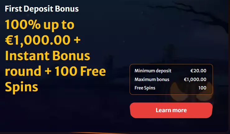 HellSpin first deposit bonus panel: 100% up to 1,000 euro and 100 free spins from a 20 euro deposit