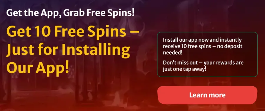 HellSpin promotion at this crypto casino: no deposit bonus of 10 free spins for installing the app