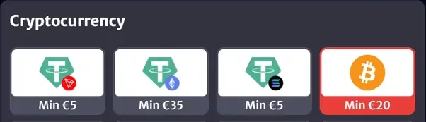 HellSpin cashier at this USDT casino: three Tether tiles with minimums of €5, €35 and €5, next to Bitcoin at €20