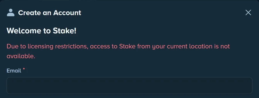 Stake's Create an Account form seen from Ireland, with the notice that access to Stake from your current location is not available due to licensing restrictions