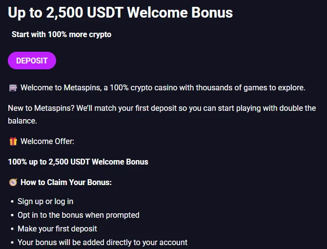 Metaspins welcome bonus page: 100% up to 2,500 USDT and the steps to claim it