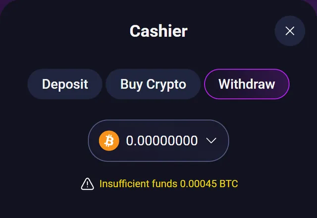 Metaspins Bitcoin withdrawal screen showing the 0.00045 BTC minimum