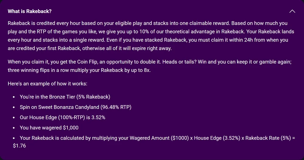 Metaspins VIP page: What is Rakeback, credited every hour, with the worked example for the Bronze tier