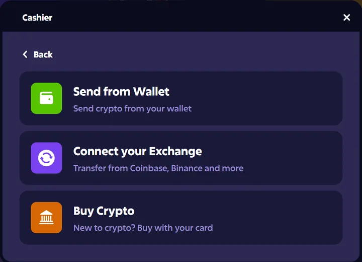 Roobet Bitcoin casino cashier: Send from Wallet, Connect your Exchange and Buy Crypto
