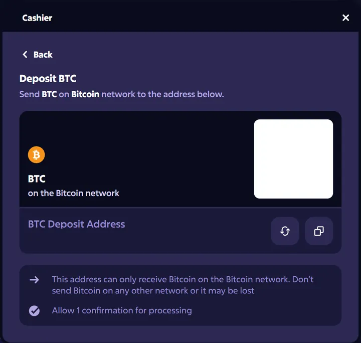 Roobet BTC deposit screen: send on the Bitcoin network, allow 1 confirmation for processing