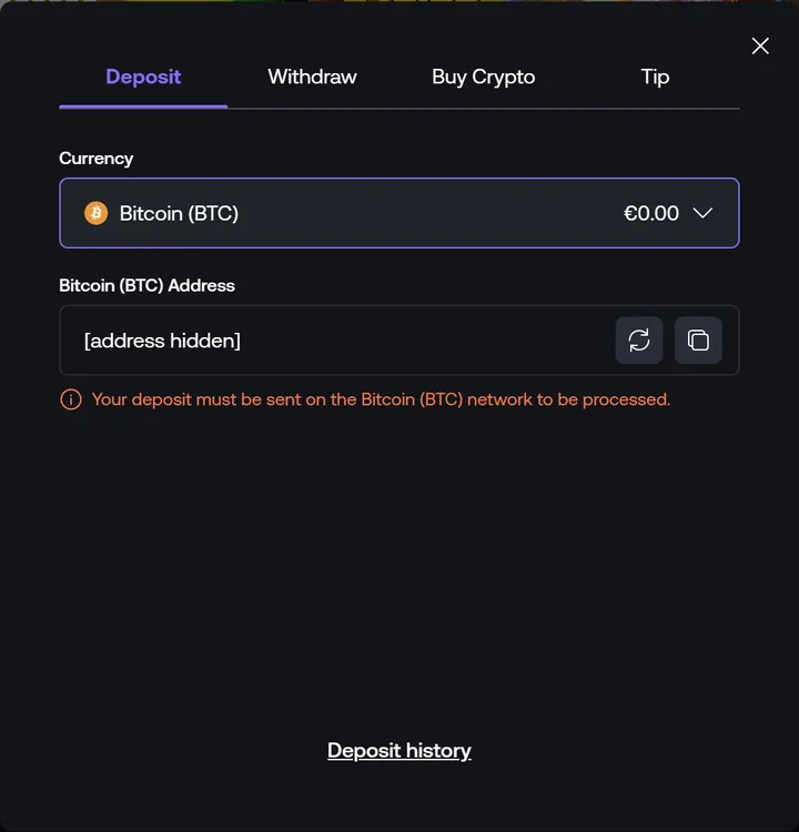 Shuffle Bitcoin deposit screen with the note that deposits must be sent on the Bitcoin network