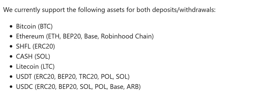 Shuffle help centre list of supported assets, showing USDT on ERC20, BEP20, TRC20, POL and SOL