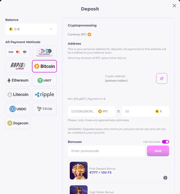 Slots Gallery Bitcoin deposit screen with the 300 μBTC minimum and the warning that smaller deposits are lost
