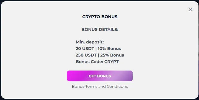 Slots Gallery crypto bonus card: 10% from 20 USDT and 25% from 250 USDT with code CRYPT