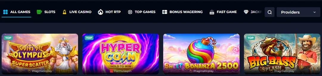 Slots Gallery Bitcoin casino lobby tabs with Hot RTP, Bonus Wagering and a provider filter, seen from Ireland