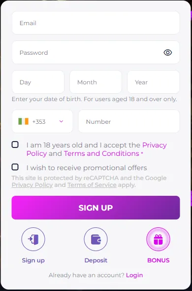 Slots Gallery sign-up form with email, password, date of birth, Irish +353 phone code and the 18+ box