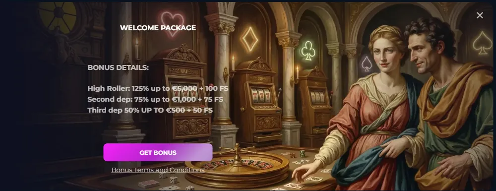 Slots Gallery welcome package banner listing the high roller, second deposit and third deposit bonuses