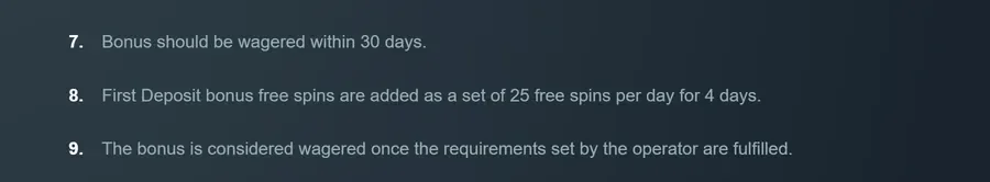 Vave bonus terms at this Bitcoin casino: free spins are added as a set of 25 free spins per day for 4 days