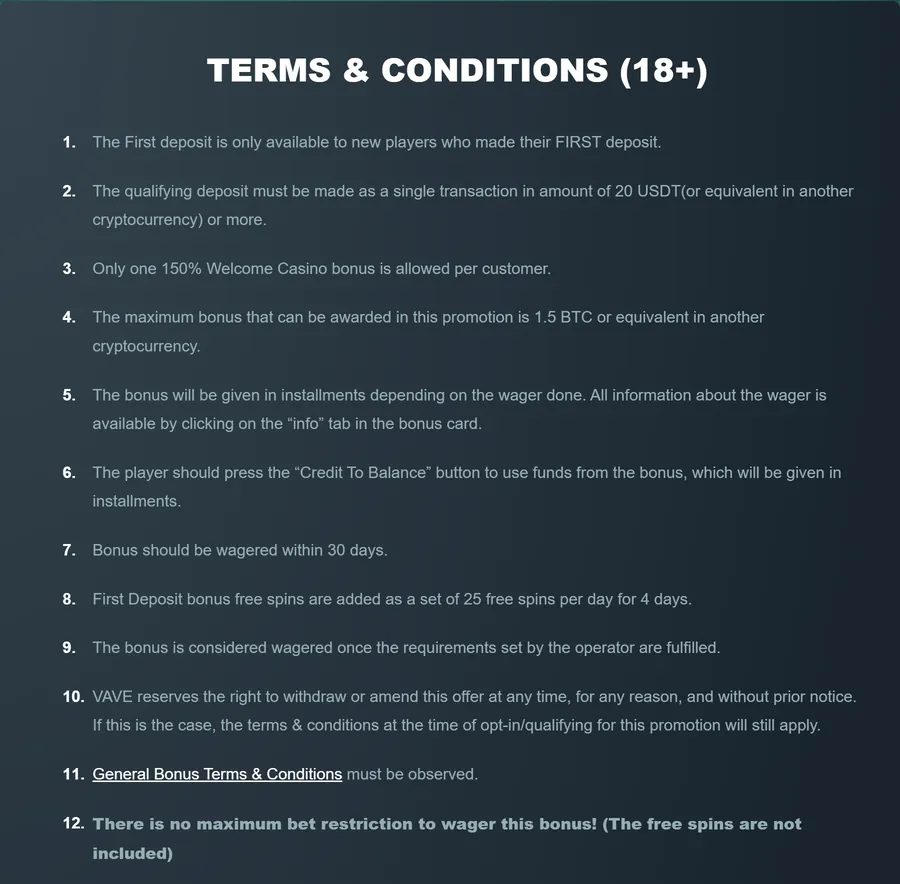 Vave first deposit bonus terms: bonus given in instalments, 30 days to wager, wagering shown only in the bonus card